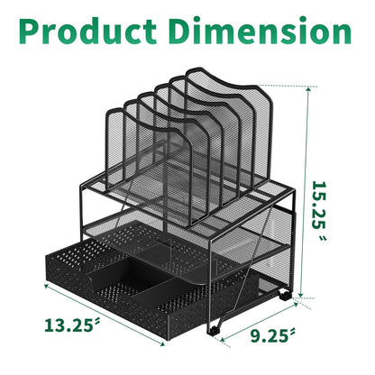 Mesh Desk Organizer with Sliding Drawer, Double Tray with 5 Sections File Bookshelf, Black