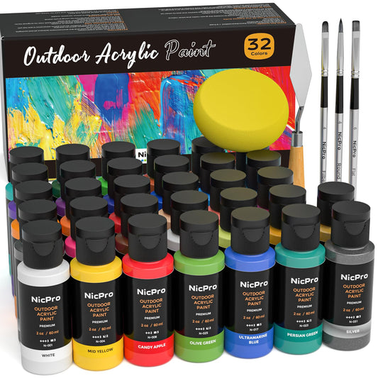 32 Colors Outdoor Acrylic Paint Bulk with Brush and Sponge, Knife, Non-Toxic Paint for Multi-surface Rock, Wood, Fabric, Leather, Crafts, Canvas, Shoes and Wall Painting