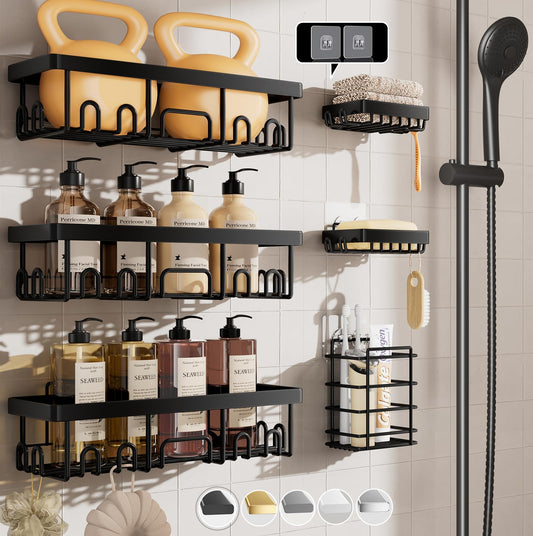 Stainless Steel Shower Caddy 6-Pack, No Drilling & Rustproof, Waterproof Adhesive Shelves Rack with Soap Holder, Large Capacity Bathroom Organizers and Storage, Wall-Mounted Kitchen & Home Decor