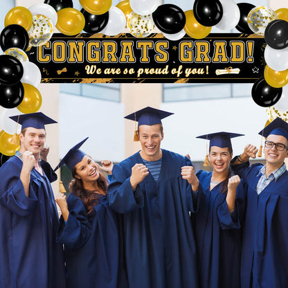 36 Pieces Class of 2025 Graduation Party Decorations Banner, Large Congrats Grad Banner with 35 Pieces Balloons 2025 Yard Signs for High School College Graduation Party Supplies(Black Gold)