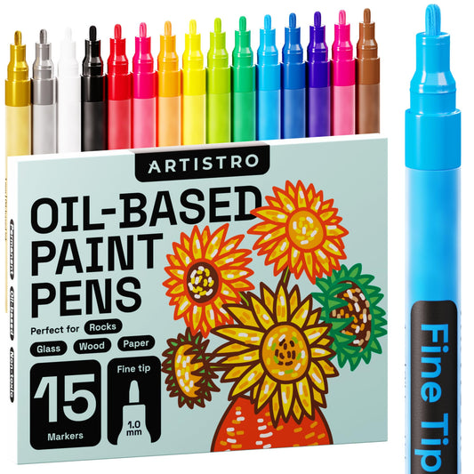 15 Oil-Based Permanent Paint Markers - Assorted Sets of Fine and Medium Tip Markers for Wood, Rock, Fabric, Glass, Ceramic, Metal, Plastic, and More - Quick Dry, Waterproof, Permanent