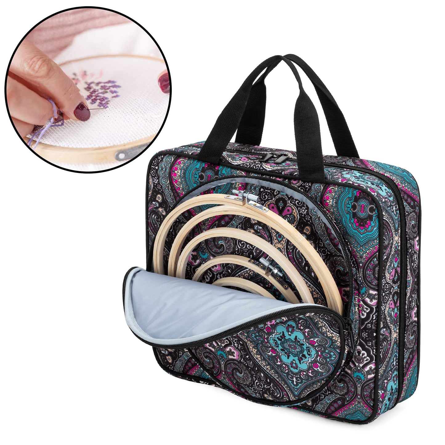 Embroidery Project Bag, Square Embroidery Supplies Storage Tote Bag, Portable Craft Carry Case for Embroidery Kits and Cross Stitch Kits Tools, Multiple Pockets, Totem, Bag Only