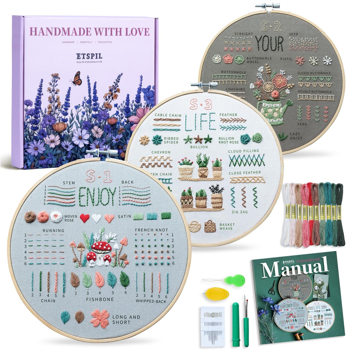 Embroidery Kit for Adult Beginners, 3-Pack 33-Stitch Practice Samplers, Pre-Stamped Patterns, 7.8 Inch Hoop, Threads and Needles, Step-by-Step Guide with Video