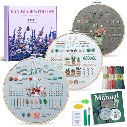 Embroidery Kit for Adult Beginners, 3-Pack 33-Stitch Practice Samplers, Pre-Stamped Patterns, 7.8 Inch Hoop, Threads and Needles, Step-by-Step Guide with Video