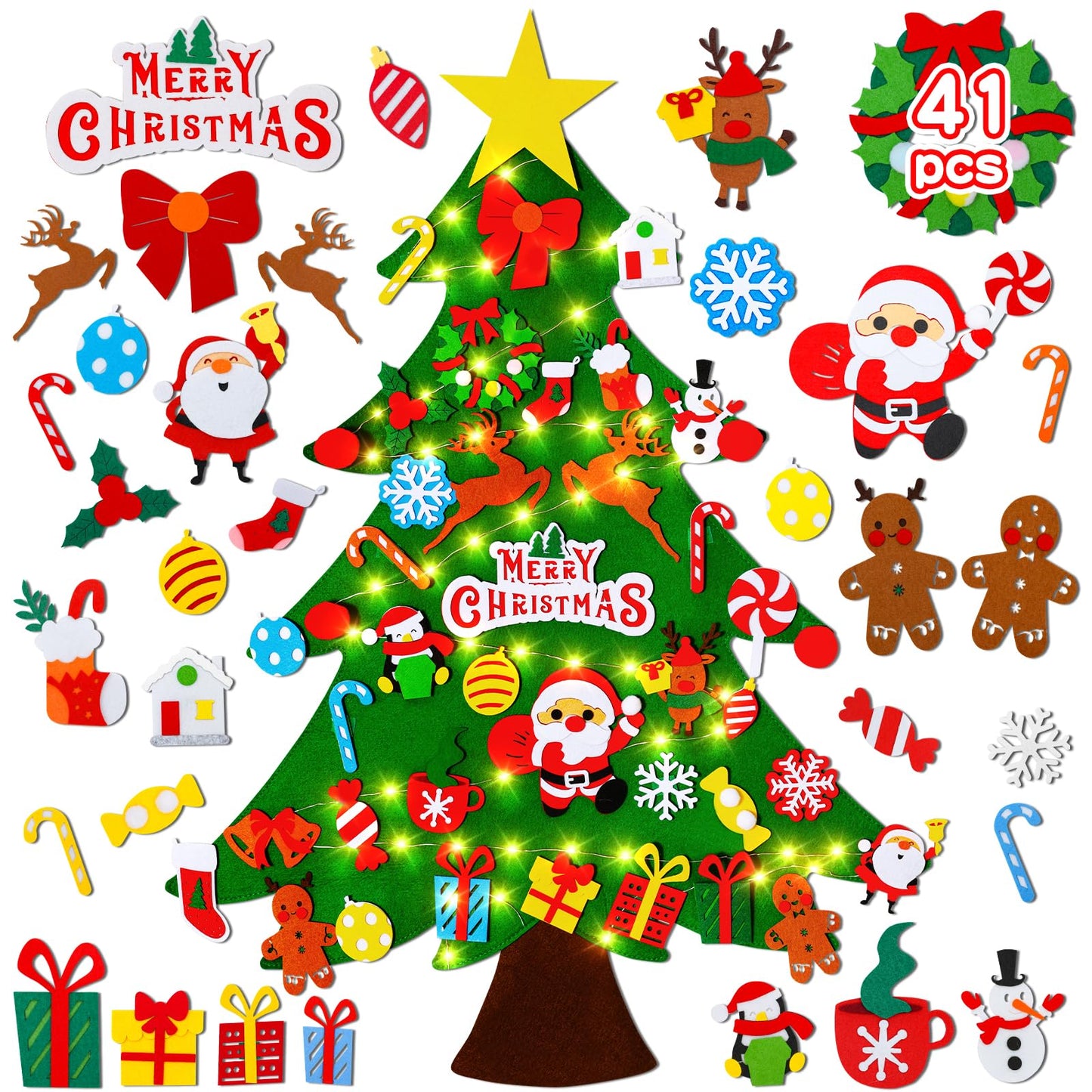 DIY Felt Christmas Tree Set 3.2Ft with 41 Ornaments for Kids Toddlers Home Wall Hanging Felt Christmas Craft Kits Xmas Decoration Party Supplies