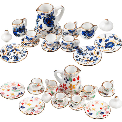 2 Set 1:12 Dollhouse Miniature Porcelain Tea Cup 30 Pieces Mini Flowers Pattern with Golden Trim Teapot Cup Plate Dollhouse Kitchen Accessories (Charming Style)
