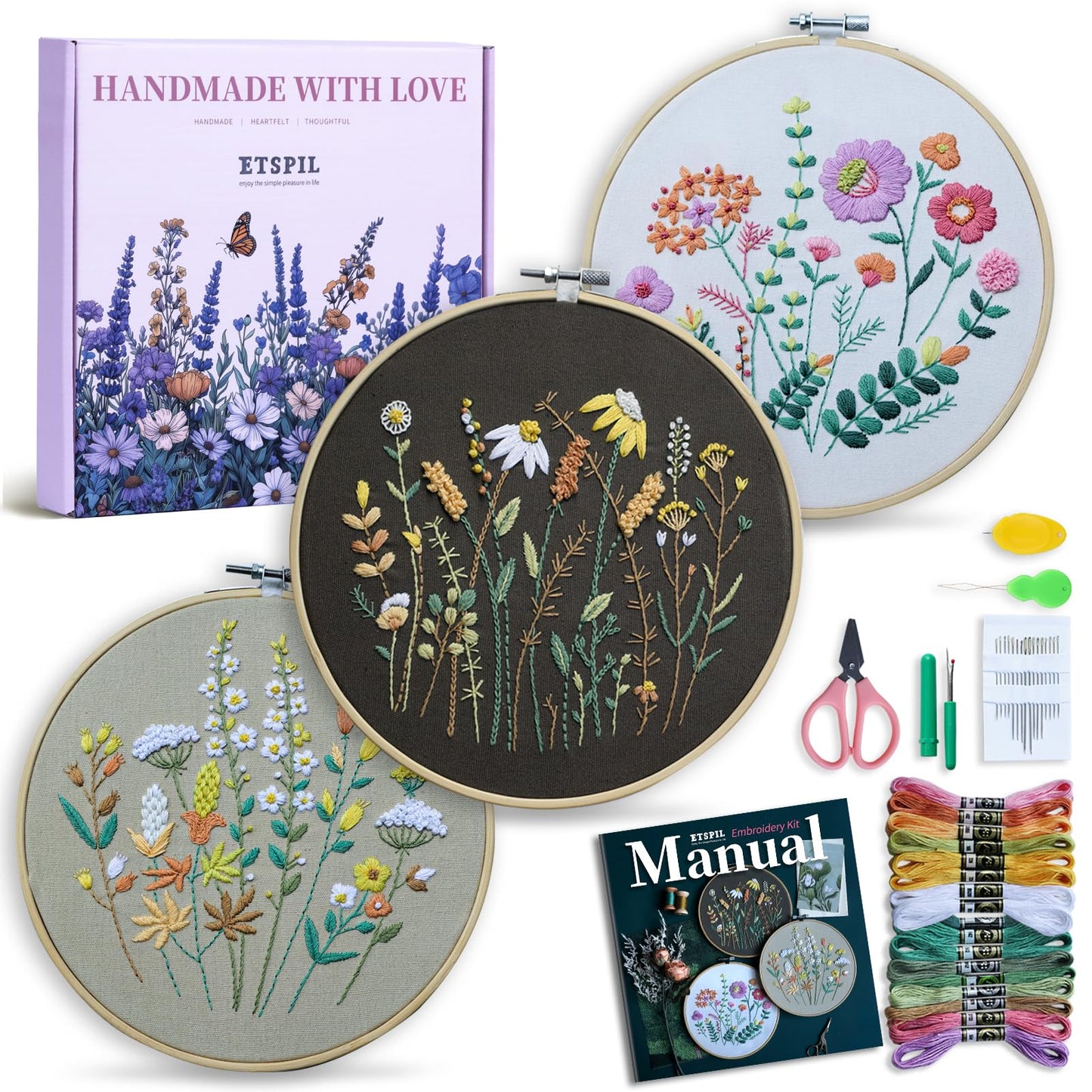 3 Pack Beginner Embroidery Kits for Adults, DIY Starter Set with Stamped Flower Designs, Embroidery Hoop, Colorful Threads, Tools, Step-by-Step Instructions & Video Tutorial