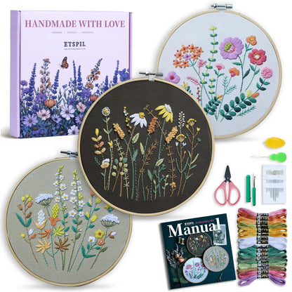 3 Pack Beginner Embroidery Kits for Adults, DIY Starter Set with Stamped Flower Designs, Embroidery Hoop, Colorful Threads, Tools, Step-by-Step Instructions & Video Tutorial