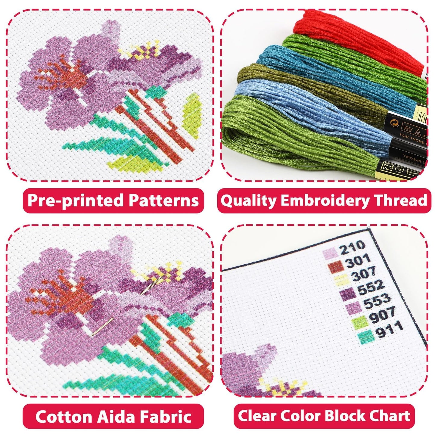 6PCS Spring Summer Themed Flower Cross Stitch Kits for Beginners DIY Embroidery Kit for Kids Adults Mother's Day Gift Birthday Gift Needlepoint Patterns with 2 Embroidery Hoops Craft Supplies