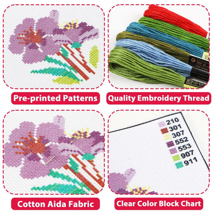 6PCS Spring Summer Themed Flower Cross Stitch Kits for Beginners DIY Embroidery Kit for Kids Adults Mother's Day Gift Birthday Gift Needlepoint Patterns with 2 Embroidery Hoops Craft Supplies
