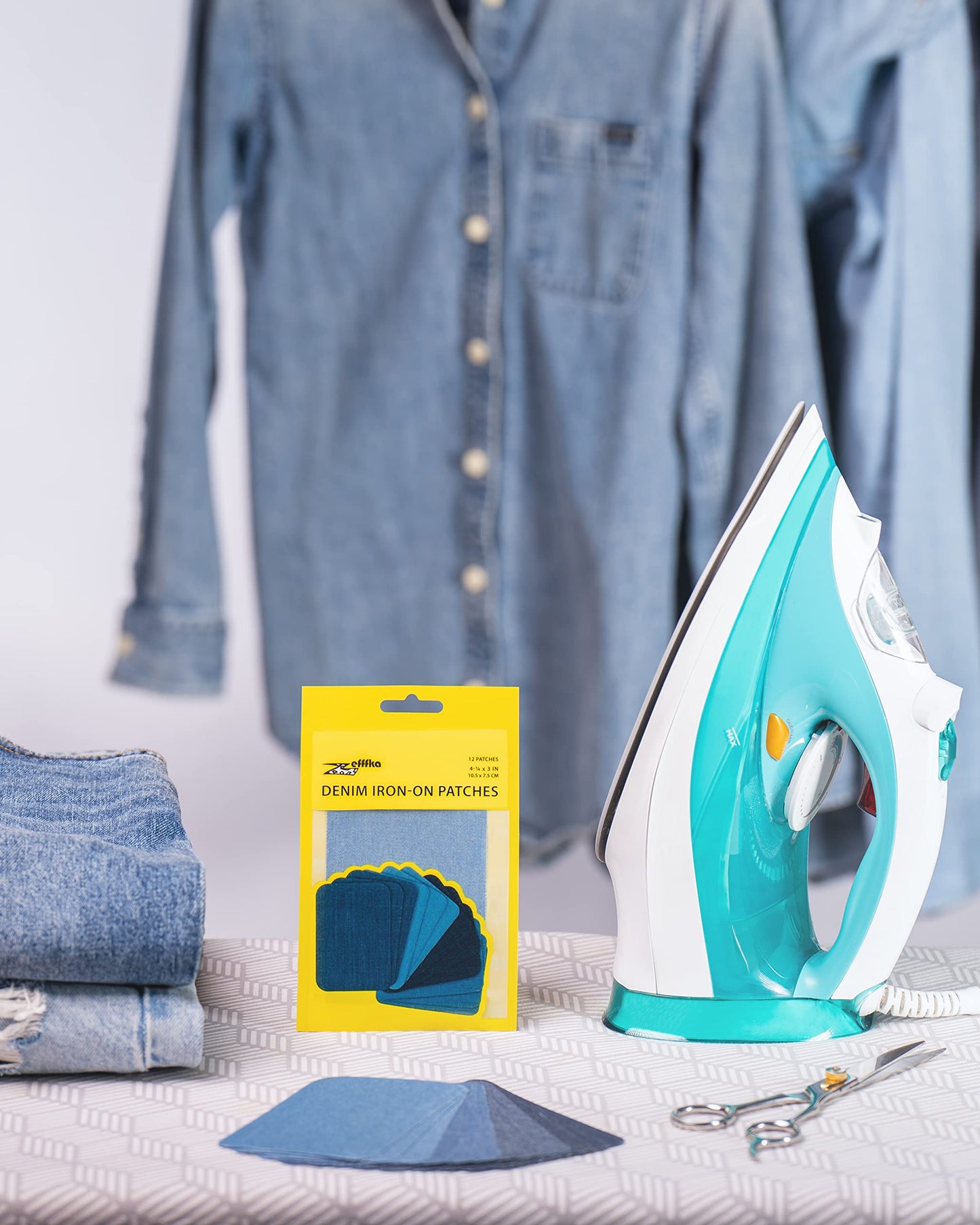 Denim Iron-on Patches Inside & Outside Strongest Glue 100% Cotton Black and White Repair Decorating Kit 12 Pieces Shades of Blue Size 3" by 4-1/4" (7.5 cm x 10.5 cm)