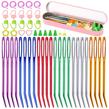 50 Pcs Yarn Needles, Darning Tapestry Needles Bent Kit, 24 Pcs Large Eye Weaving Crochet Blunt Yarn Needle for Yarn, Crocheting, Weaving with Stitch Markers Storage Box