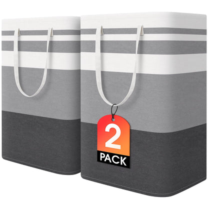 2 Pack Large Laundry Baskets, Waterproof, Freestanding Laundry Hampers, Collapsible Clothes Hamper with Reinforced Handles in Laundry Room, College Dorm, Bathroom, Bedroom (Grey, 75Lx2)