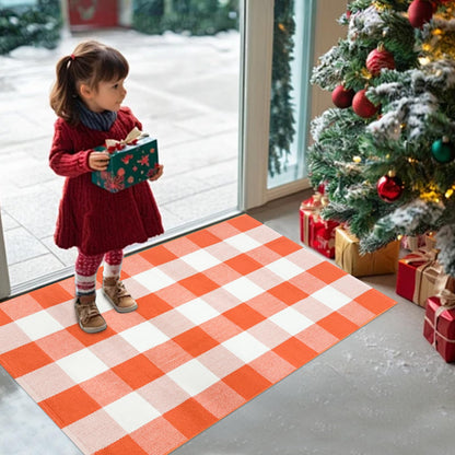 Buffalo Plaid Check Rug Orange and White Cotton Rug 27.5"x43.3" Machine Washable Outdoor Rugs Layered Doormats for Porch Kitchen Farmhouse