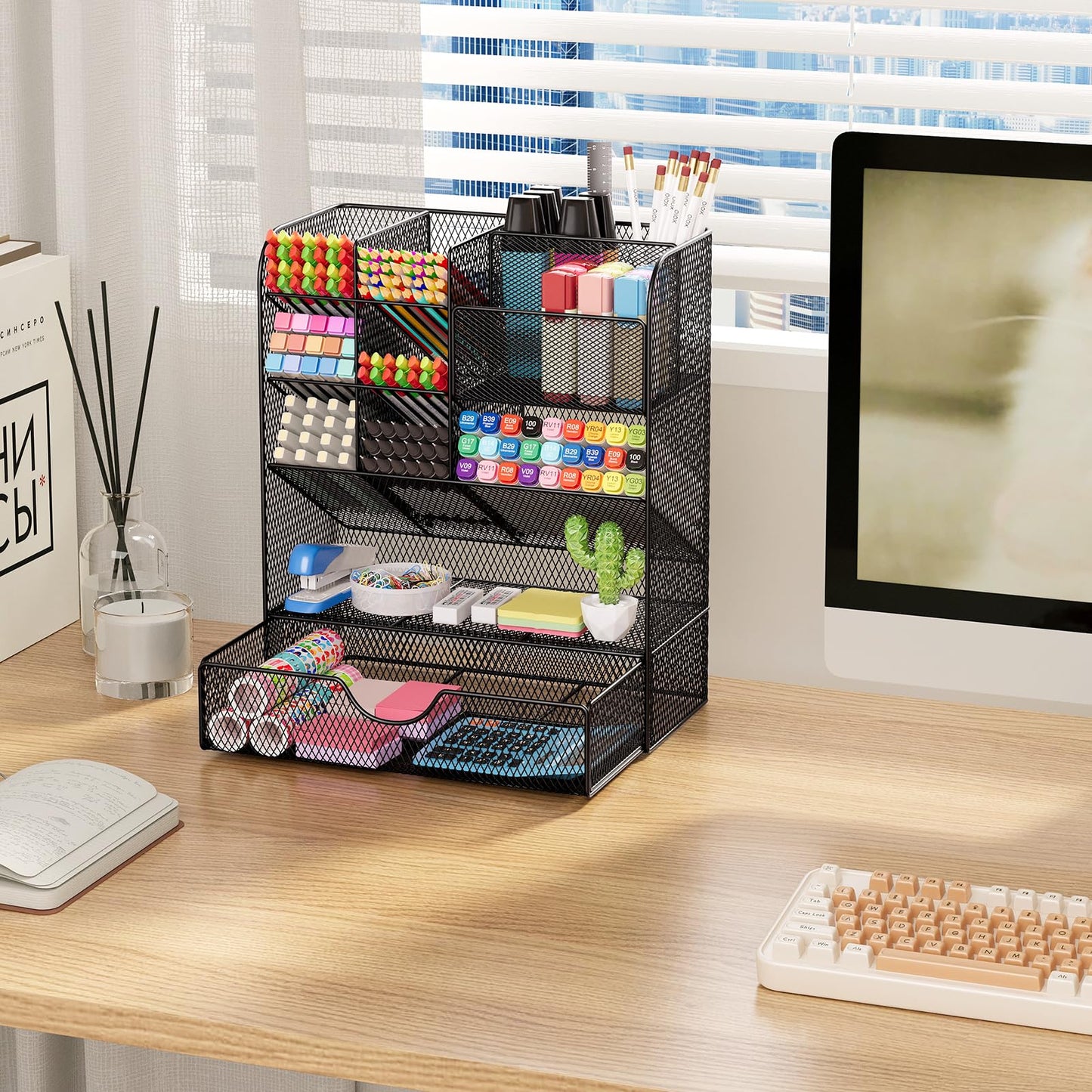 Desk Organizers and Accessories, Pen Holder for Desk Organizer with Drawer, Pencil Holder Office Desk Accessories Workspace Desktop Organizer for School Home Office Art Supplies（Black）