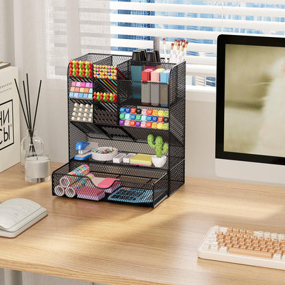 Desk Organizers and Accessories, Pen Holder for Desk Organizer with Drawer, Pencil Holder Office Desk Accessories Workspace Desktop Organizer for School Home Office Art Supplies（Black）