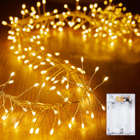 10Feet Battery Operated Fairy Lights, 120LEDs Firecracker String Lights Waterproof Silver Wire Starry Firefly Light for DIY Wreath Home Weeding Indoor Outdoor Christmas Decorations, Warm White