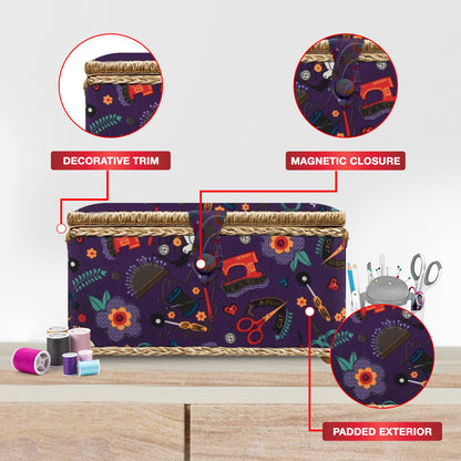 Sewing Basket with Sewing Kit, Needles, Thread, Scissors, and Notions- Purple