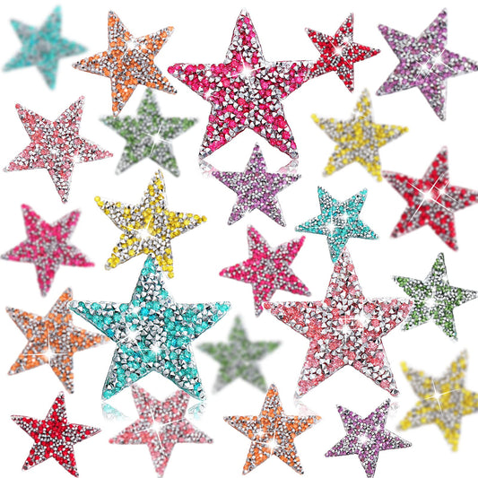 24 Pieces Star Patches Iron on Rhinestone Adhesive Sequin Glitter Star Patches Appliques for Clothing Jeans Repair Decoration(2.36 Inch,Mixed Color)