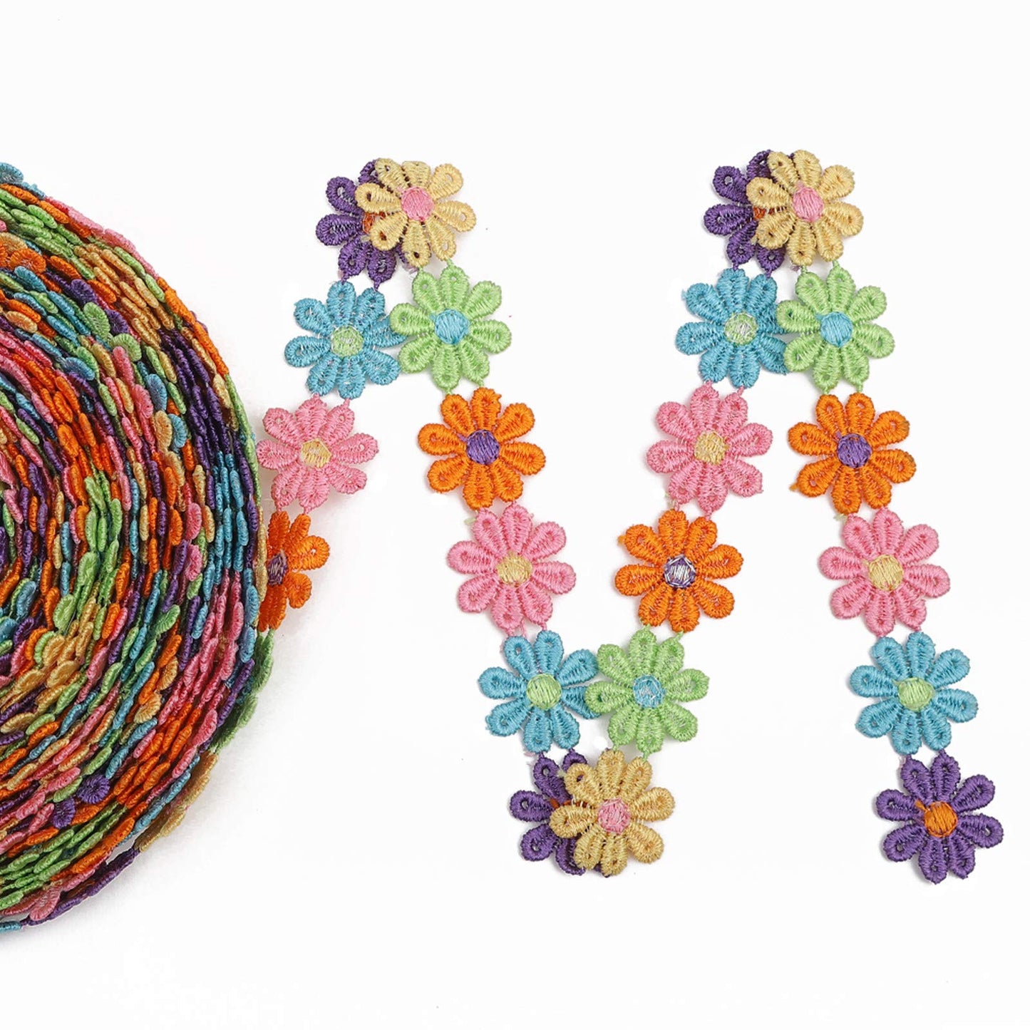 Daisy Flower Lace Trim Embroidered DIY Handmade Patchwork Ribbon Sewing Supplies Crafts 2.5CM Wide 7Yards Colorful