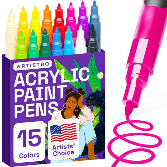 15 Acrylic Paint Pens, Art Set Acrylic Paint Markers, Fabric Markers for Textile, Canvas, Rock, Glass, Wood, Paper, Pumpkin, DIY for Kids and Adults
