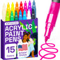 15 Acrylic Paint Pens, Art Set Acrylic Paint Markers, Fabric Markers for Textile, Canvas, Rock, Glass, Wood, Paper, Pumpkin, DIY for Kids and Adults