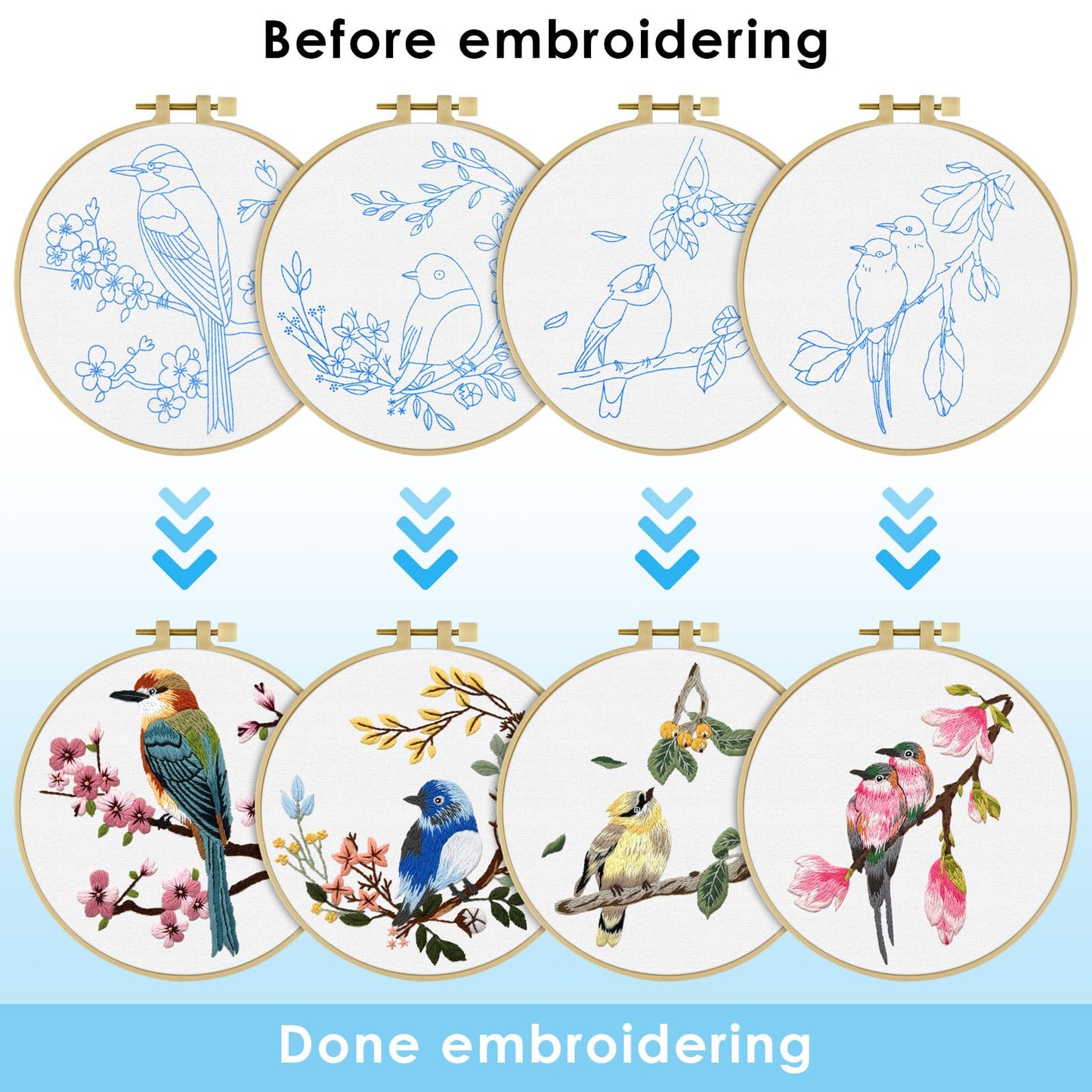 4 Sets Embroidery Kit for Beginners,Hummingbird and Flower Cross Stitch Set for Include Embroidery Cloth Hoops Threads for Craft Lover Hand Stitch (Flowers and Birds)