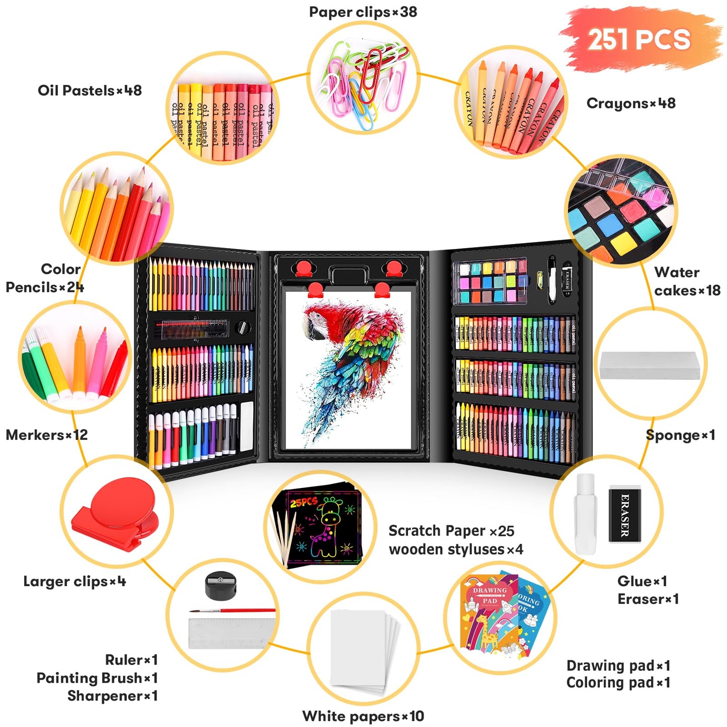 Art Kit, 251-Pack Art Supplies Drawing Kits, Arts and Crafts Gifts Box for Kids Teen Girls Boys, Art Set Case with Trifold Easel, Scratch Paper, Sketch Pad, Coloring Book, Crayons, Pencils