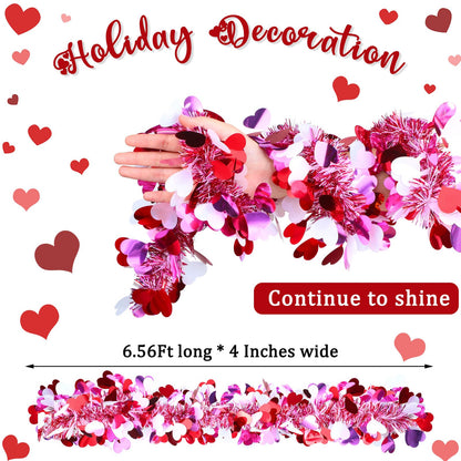 6 Pcs Valentine's Day Tinsel Garland Total 39ft Red and White Heart Metallic Garland Decor Valentines Heart Twist Tinsel for Mantle Wedding Party Decoration Supply