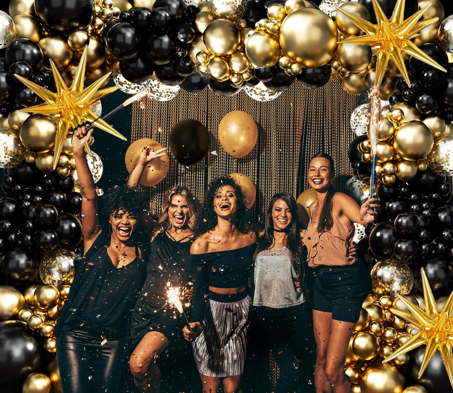 Black and Gold Balloons Garland Arch Kit, 5 10 12 18inch Black Gold Confetti Latex Balloons for 2024 Graduation New Year Anniversary Birthday Party Decorations