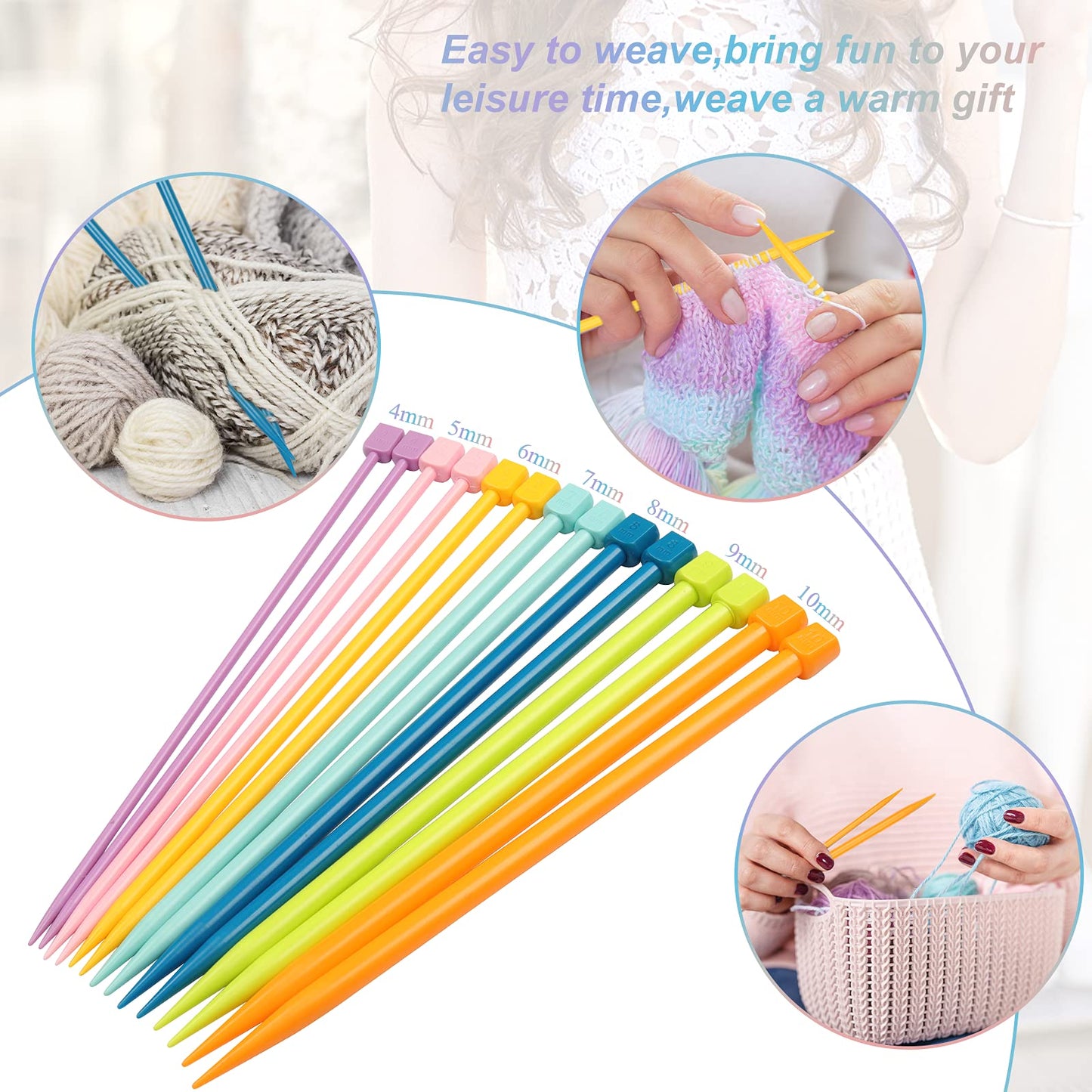 14PCS Plastic Knitting Needles for Beginner and Kids, 10 inch Long Straight Knitting Needles Single Pointed Needles Colorful Knit Needle Set Knitting Kit DIY Craft Yarn Weaving Tool,4mm to 10mm