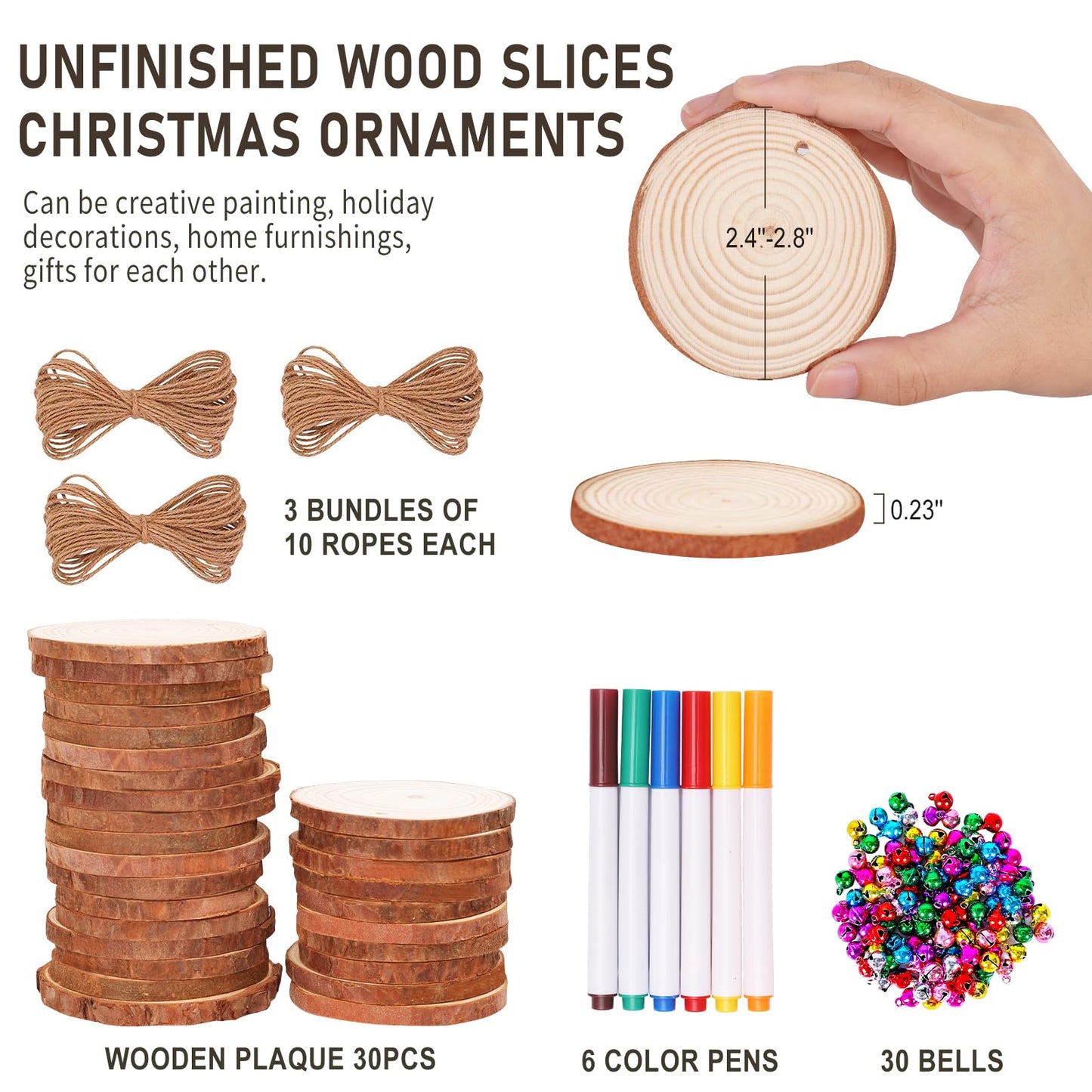 Natural Wood Slices 30Pcs 2.4-2.8'' Craft Wood Kit Christmas Ornaments Unfinished Predrilled with Hole Wooden Circles for Arts and Crafts Christmas Holiday Ornaments DIY Crafts