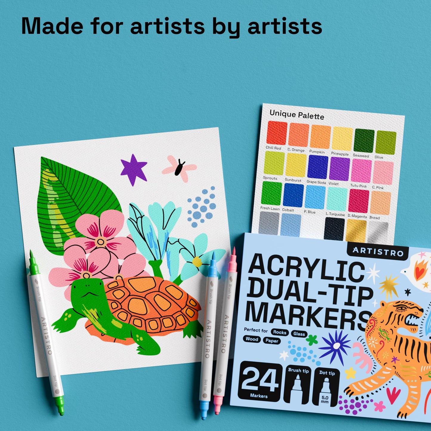 24 Acrylic Paint Markers for Fabric, Rocks, Paper, Wood, Canvas, Glass, DIY - Safe for Kids Dual Tip Acrylic Paint Pens (Dual Tip Dot + Brush, 24)