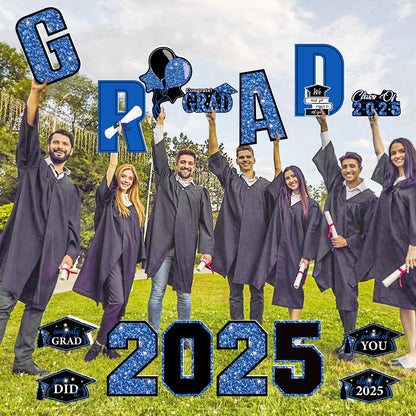 16 PCS Graduation Yard Signs, Blue Graduation Yard Signs Class Of 2025, 16 Inches Large Congrats Grad 2025 Yard Signs with Stakes For 2025 Graduation Decorations
