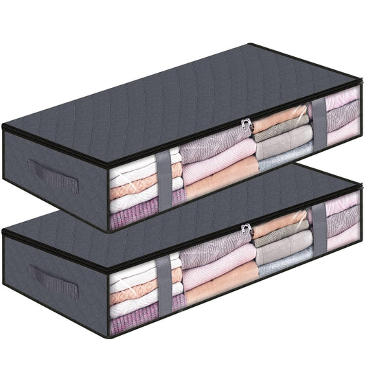 Foldable Storage Bins - Durable Under Bed Containers for Clothing Organization, 75L/2 Pack/Grey