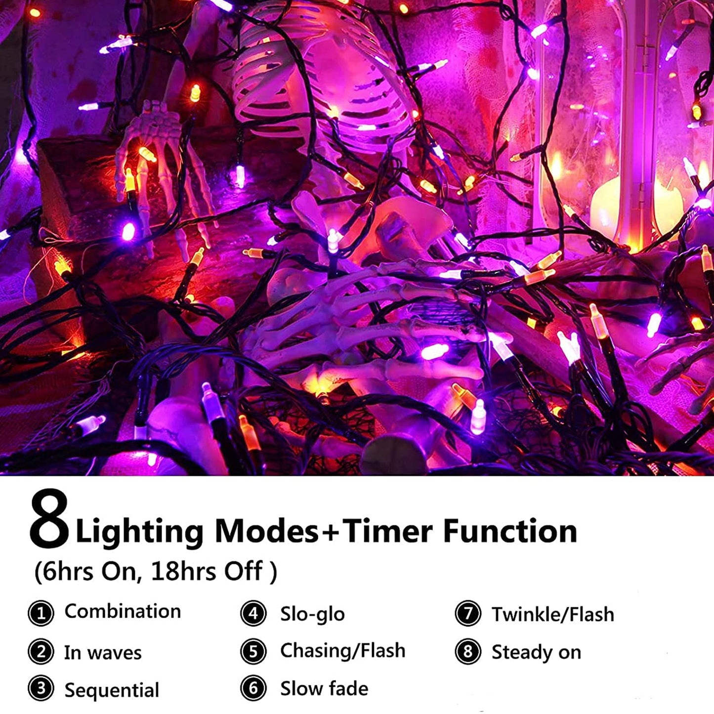 Orange Purple Halloween Lights,Battery Operated 33ft 100 LED Mini String Lights Waterproof Halloween Lights with 8 Modes & Timer Function for Halloween Decorations