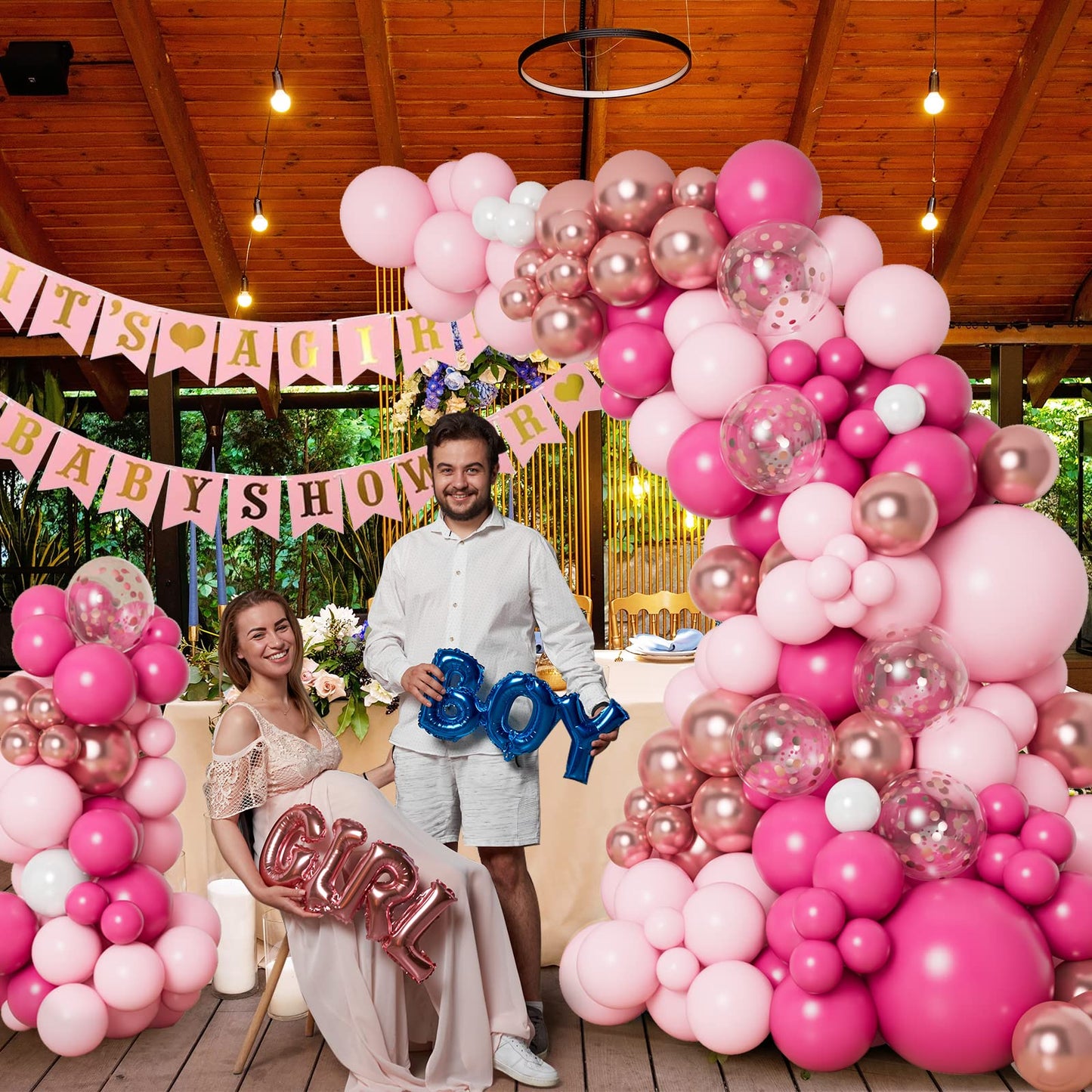 Pink Balloon Garland Arch Kit with Different Size Hot Pink White Metallic Rose Gold Confetti Balloons for Birthday Princess Theme Baby Shower Wedding Valentine's Party Decorations