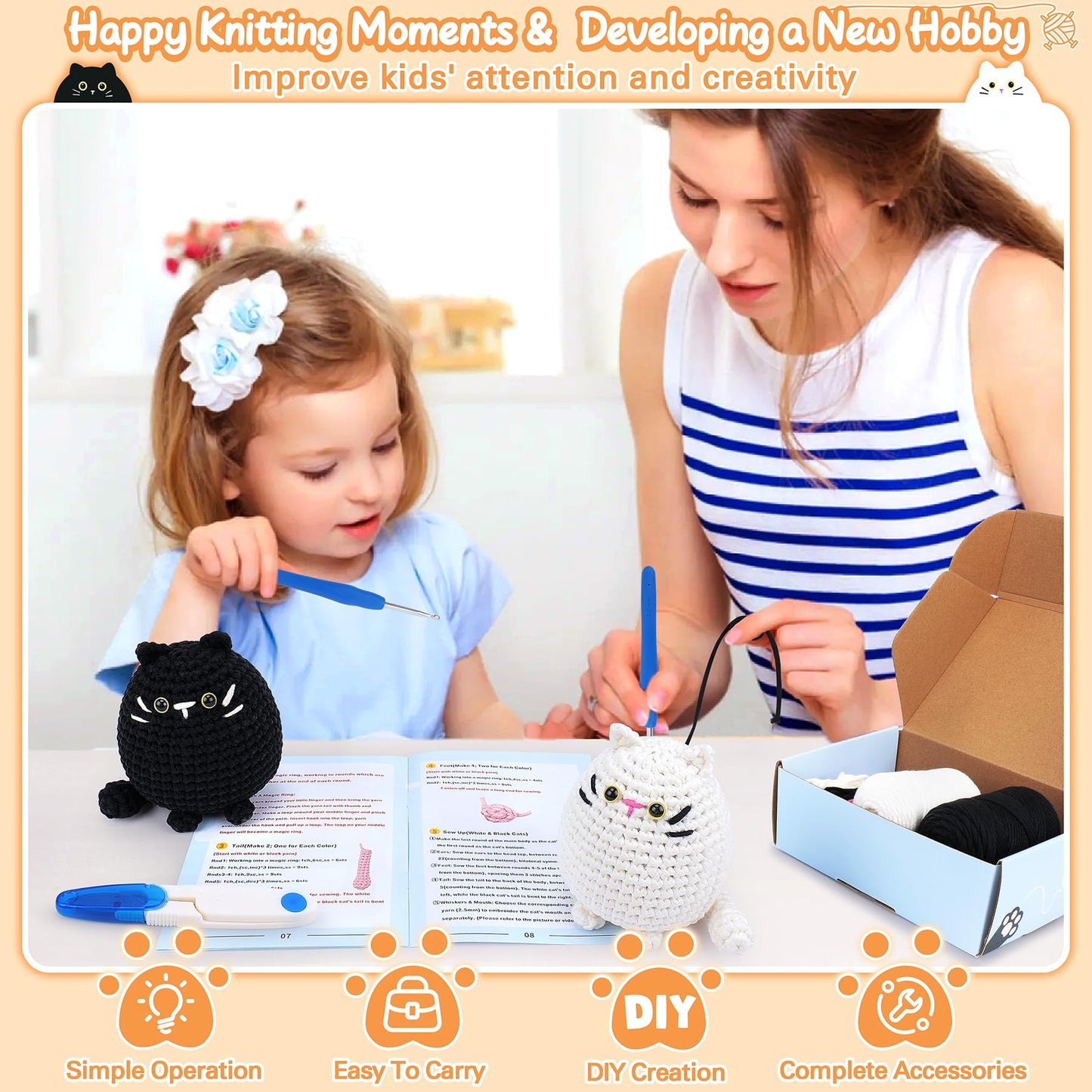 Crochet Kit for Beginners-2PCS Cat Crochet Kits for Adults Kids, Crochet Starter Kit with Step-by-Step Video Tutorials, Crochet Animals Kits DIY Craft Knitting Kit Learn to Crochet Kits for Adults