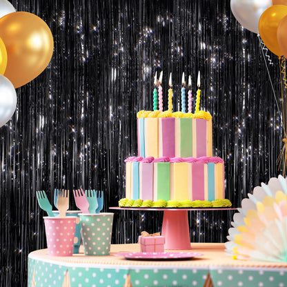 2 Pack Black Metallic Tinsel Foil Fringe Curtains, Door Streamers Photo Booth Backdrop for Birthday Party, Tinsel Curtain Backdrop for Baby Shower Bachelorette Christmas Party Decorations