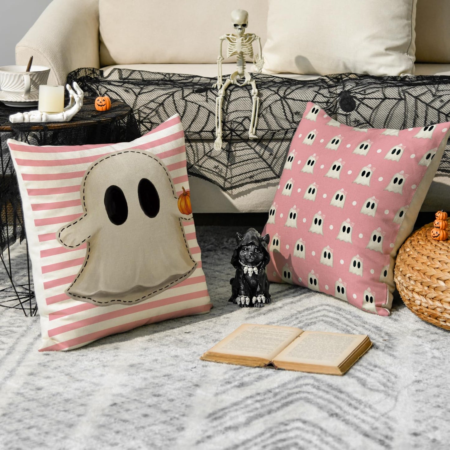 Halloween Hey Boo Cute Ghost Spooky Pink Throw Pillow Covers, 18 x 18 Inch Horror Scary Cushion Case for Sofa Couch Set of 4