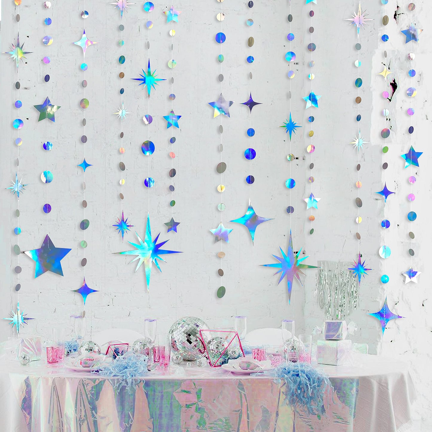 Iridescent Party Decorations Star Circle Dot Paper Garland Banner Bunting Streamer Metallic Hanging Twinkle Star Decoration for Kids Birthday Baby Shower Wedding Festival Engagement Bling Bling Decor