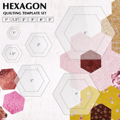 6 Pieces Hexagon Quilting Templates 1 Inch, 1.5 Inch, 2 Inch, 3 Inch, 4 Inch, 5 Inch with 1/4 Inch Seam Allowance, Acrylic Quilting Templates for DIY Sewing Crafts