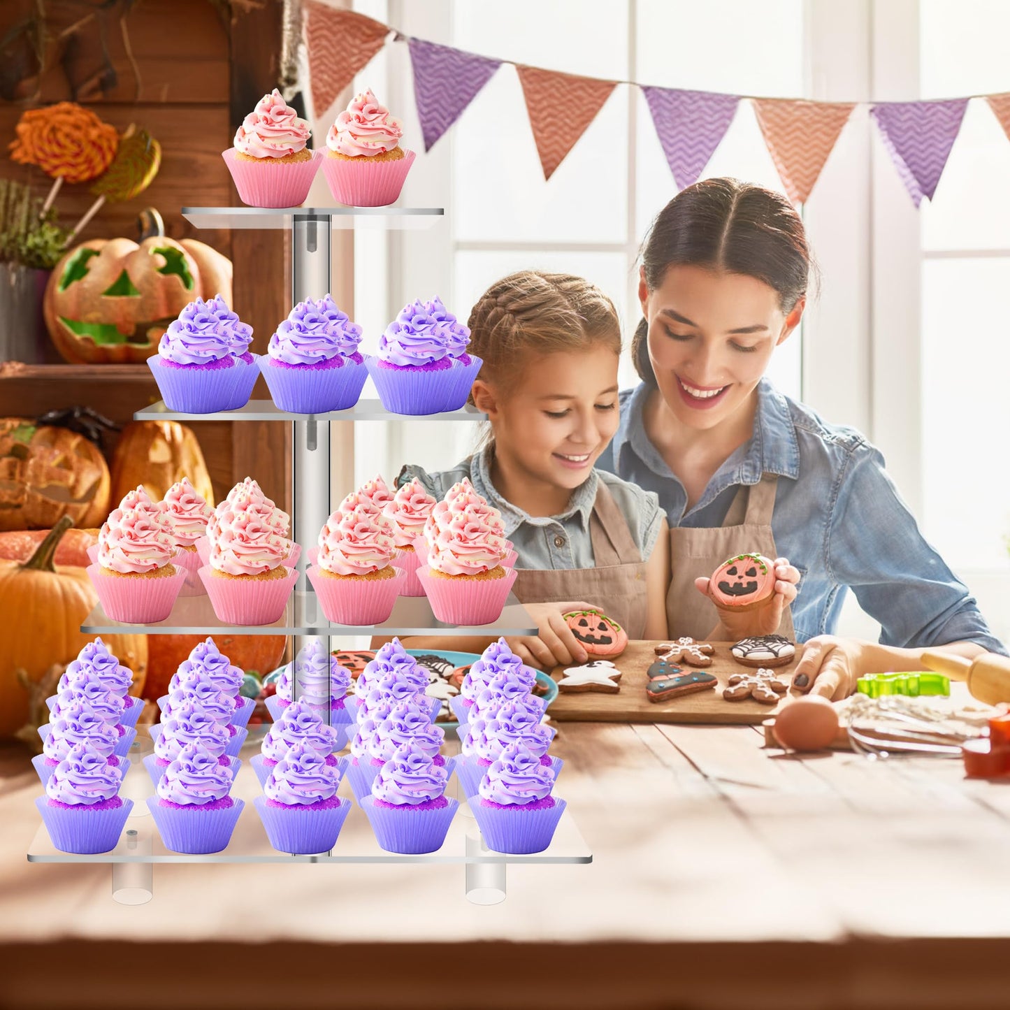 Large 4 Tier Square Acrylic Cupcake Tower Stand for Dessert, Pastry, Serving Platter-Candy Bar Party Décor and Supply(with Rod Feet) (4SF-V2)