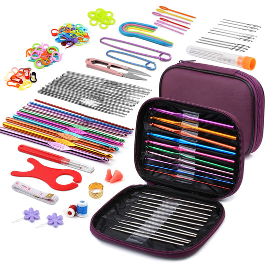 110 Pcs Crochet Hooks Set, Crochet Hooks with Storage Case, Ergonomic Knitting Needles Blunt Needles Stitch Marker DIY Hand Knitting Craft Art Tools for Beginners - Purple