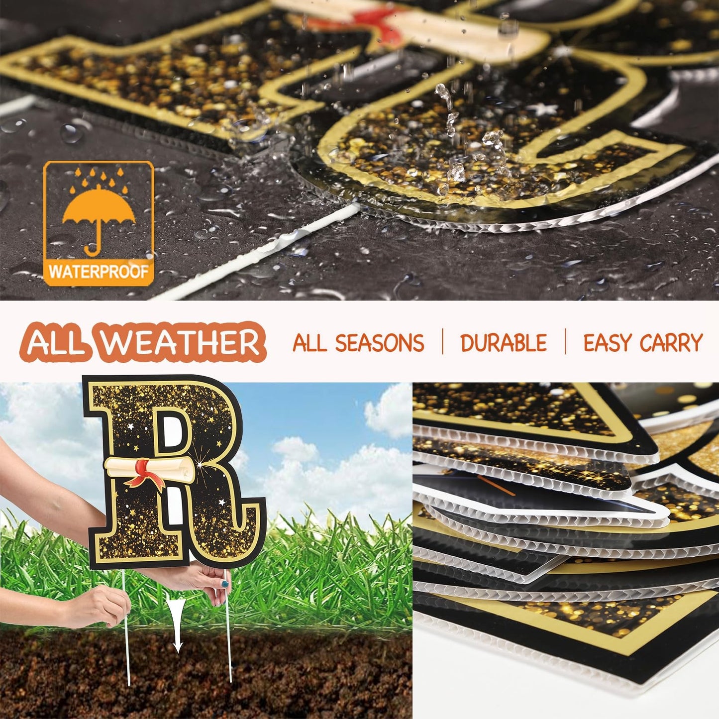 Graduation Yard Sign Decorations 2025, 8 PCS Large Congrats Grad Yard Stakes, Gold and Black Graduation Lawn Signs Decor, Waterproof Outdoor Graduation Party Supplies