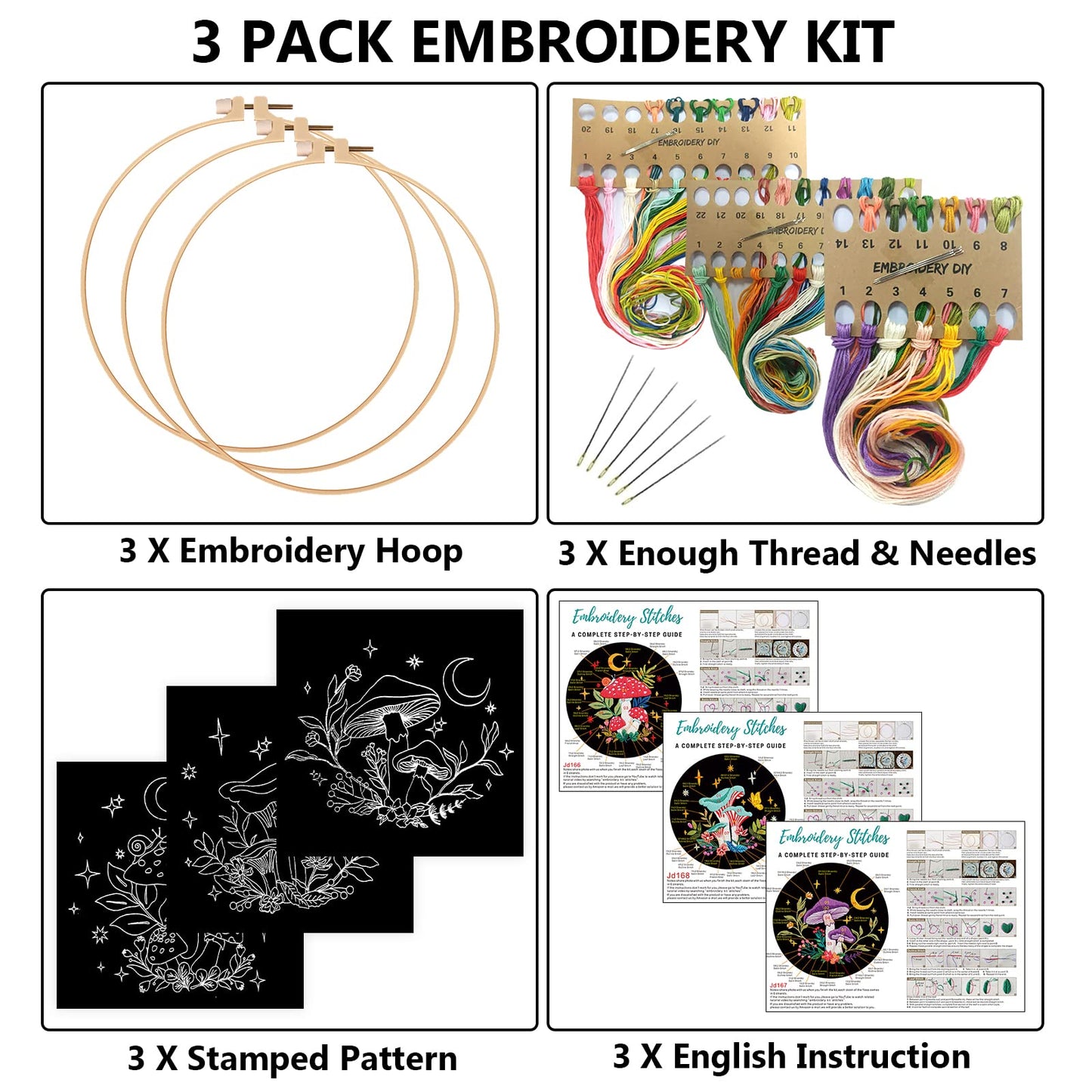 3 Pack Embroidery Kit for Adults Beginners, Stamped Cross Stitch Mushroom Patterns with Hoop, Thread, Needles & Step-by-Step Guide Easy DIY Starter Kit