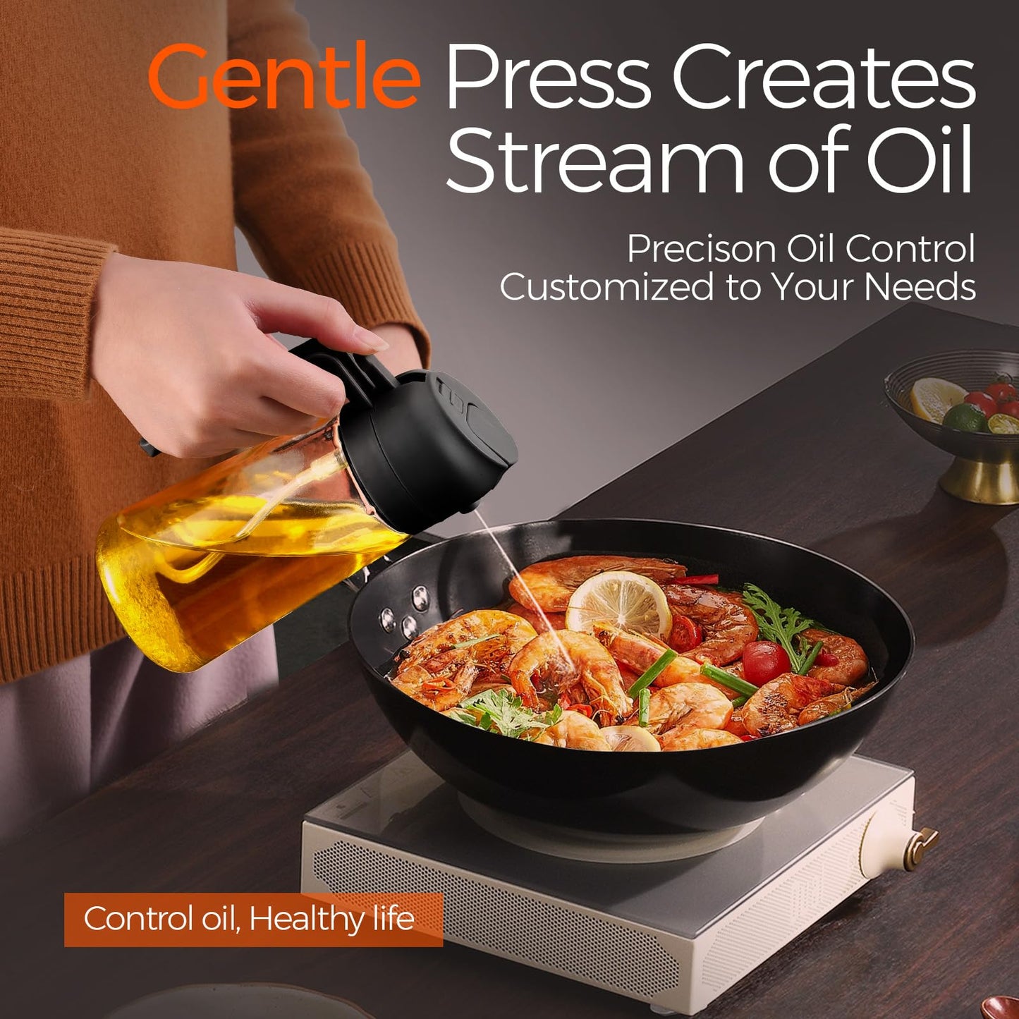 16oz/470ml Glass Olive Oil Sprayer for Cooking with Stickers, 2 in 1 Oil Dispenser for Kitchen Gadgets, Food Grade Premium Spray Bottle with Portion Control for Salad, Frying, BBQ (Black)