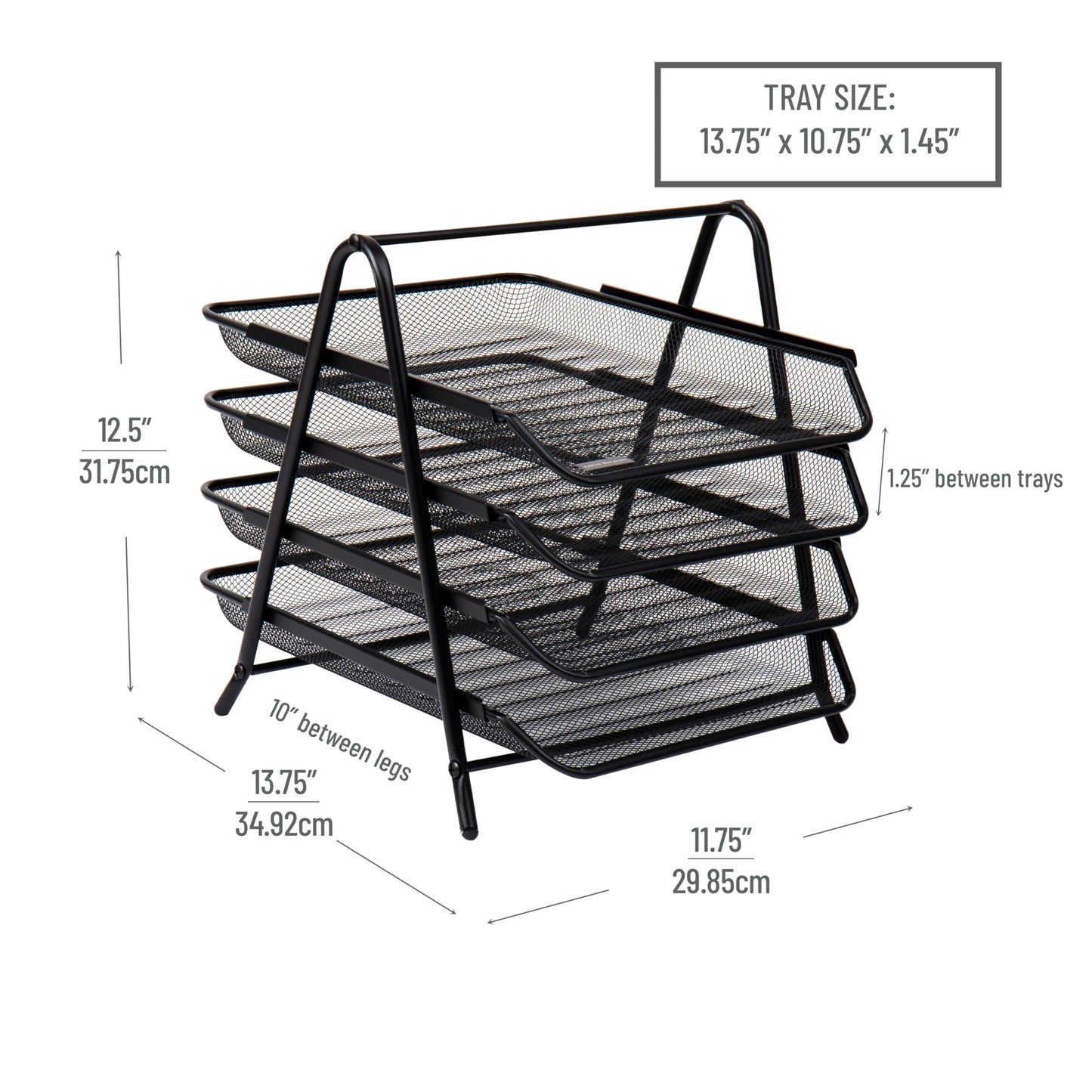 4-Tier Paper Tray, Desktop Organizer, File Storage, Workspace, Office, Metal Mesh, 11.75"L x 13.75"W x 12.5"H, Black