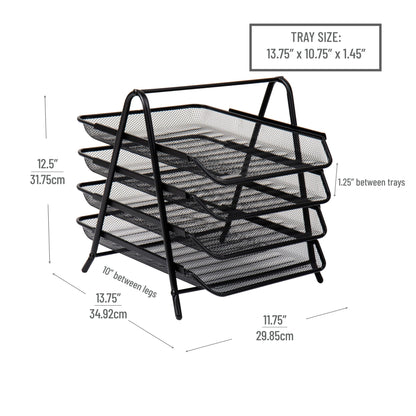 4-Tier Paper Tray, Desktop Organizer, File Storage, Workspace, Office, Metal Mesh, 11.75"L x 13.75"W x 12.5"H, Black