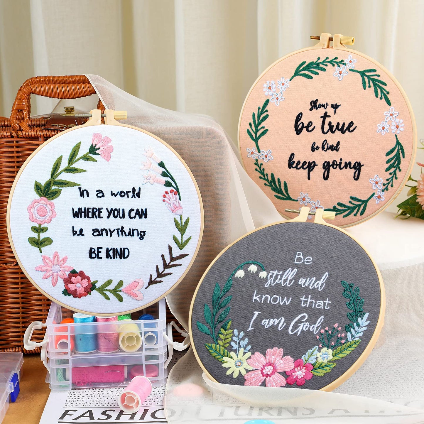 5 Sets Inspired Quote Embroidery Kit for Beginner Adult Motivational Embroidery Starter Set Floral Cross Stamped Needlepoint Kit Hoops Thread Needles for Adults Craft Lover